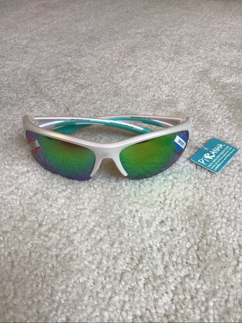 Piranha Sunglasses, White/Teal with Rainbow Mirrored Lenses, 100% UVA/UVB Protct